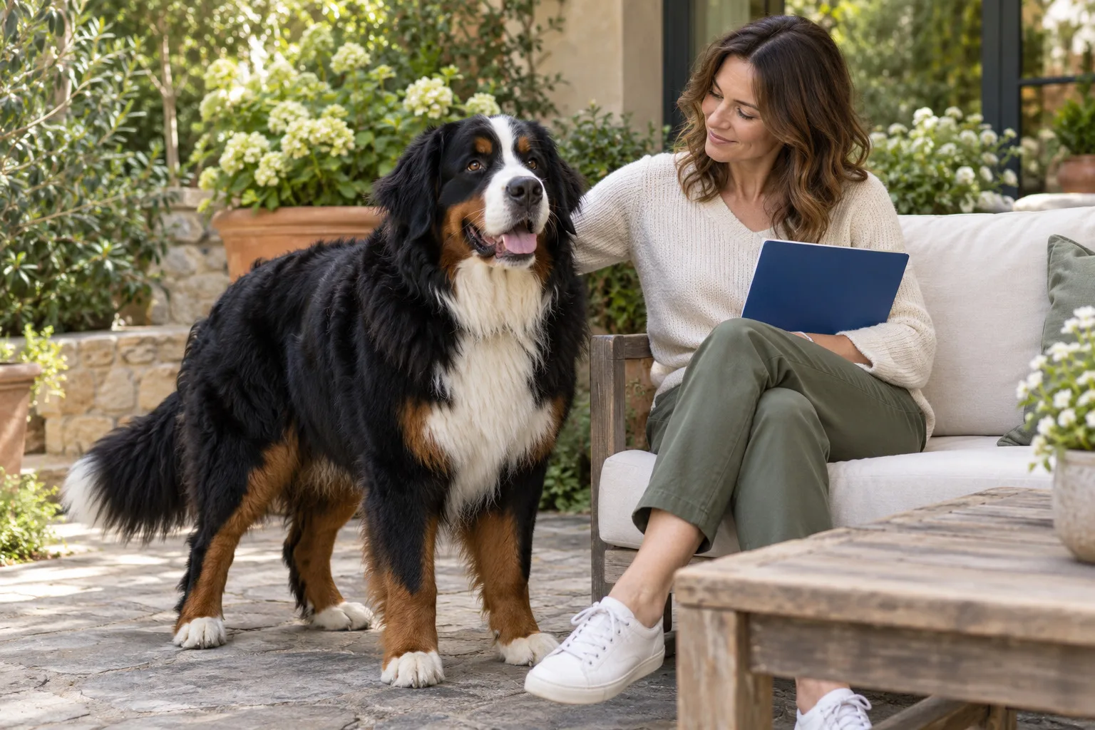 Owner reading an open folder beside a large black, white and tan dog in a garden